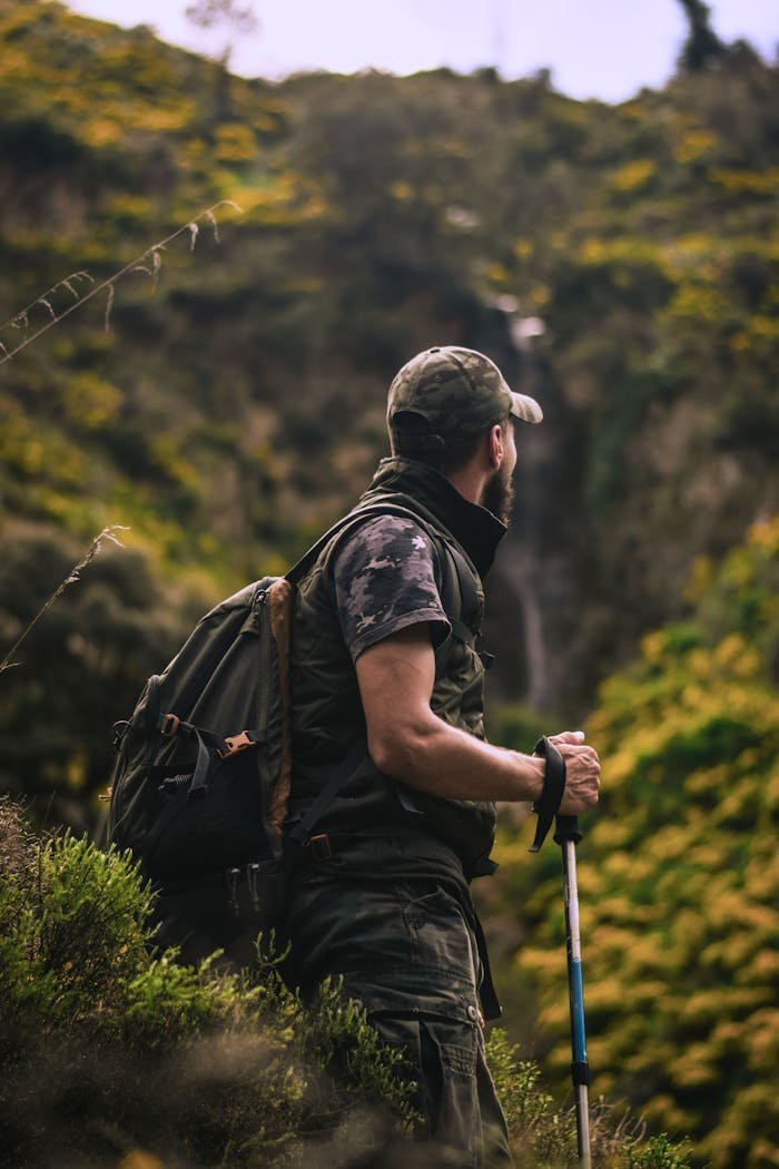 Services-03 Man with hiking gear explores lush forest landscape, embodying adventure and nature.